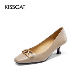 接吻猫2022春夏季新款复古高跟鞋软羊皮女鞋舒适方头细跟单鞋女32101-17