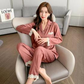2022年新款睡衣女夏季冰丝长袖纯色蕾丝家居服套装