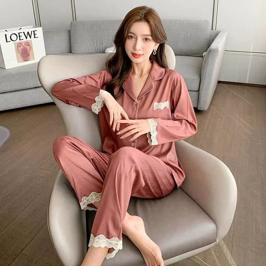 2022年新款睡衣女夏季冰丝长袖纯色蕾丝家居服套装 商品图0