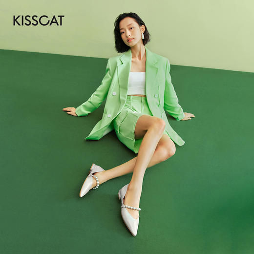 接吻猫女鞋2022春夏季新款甜美玛丽珍凉鞋气质珍珠尖头粗跟单鞋女32220-10 商品图0