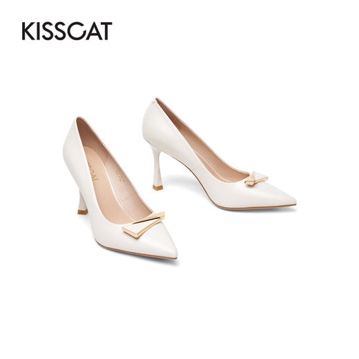 接吻猫2022春夏季新款优雅高跟鞋几何饰扣羊皮尖头细跟浅口单鞋女32122-10 商品图1