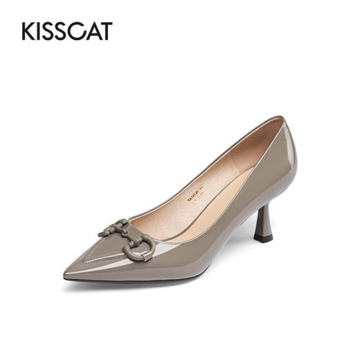接吻猫女鞋2022春夏季舒适通勤马衔扣高跟鞋漆皮尖头浅口单鞋女32126-12 商品图6