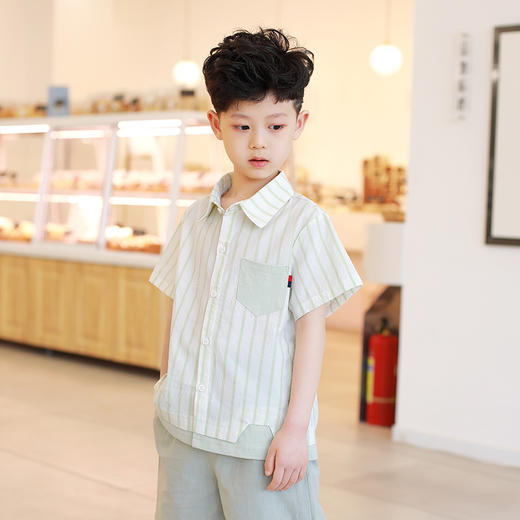 【两色可选 三次高温水洗全棉】龙之涵简约气质款短袖衬衣  免熨烫 随意穿 休闲百搭 尺码100-170 男童条纹拼接短袖衬衣 商品图6
