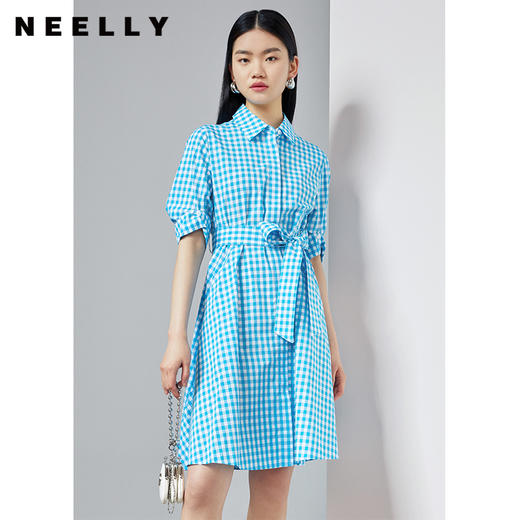 NEELLY纳俪商场同款格纹衬衫式连衣裙女收腰系带A字裙2022夏季N22044Y04420 商品图1