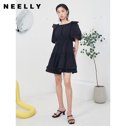 NEELLY纳俪商场同款夏季连衣裙女设计感泡泡袖A字裙收腰小黑裙N22044Y04430 商品图2