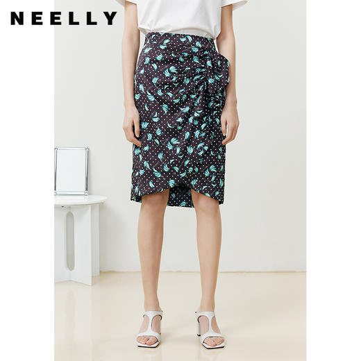 NEELLY纳俪商场同款高腰半身裙女夏季不规则抽皱设计显瘦中长包臀N22041E01024 商品图1