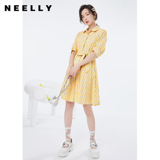 NEELLY纳俪商场同款格纹衬衫式连衣裙女收腰系带A字裙2022夏季N22044Y04420 商品图2