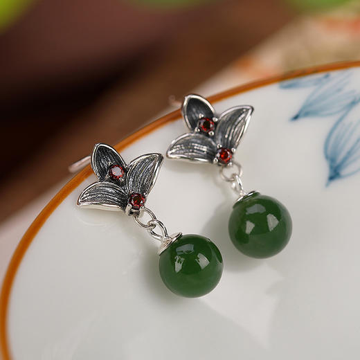 S925纯银，和田碧玉圆珠莲花气质古典风百搭耳饰CW-184 商品图1