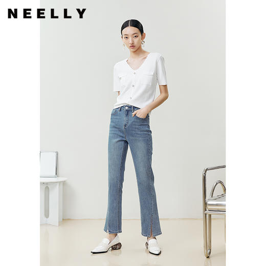NEELLY纳俪商场同款气质波浪V领针织衫女珍珠扣修身上衣夏季新款N22041A01004 商品图3