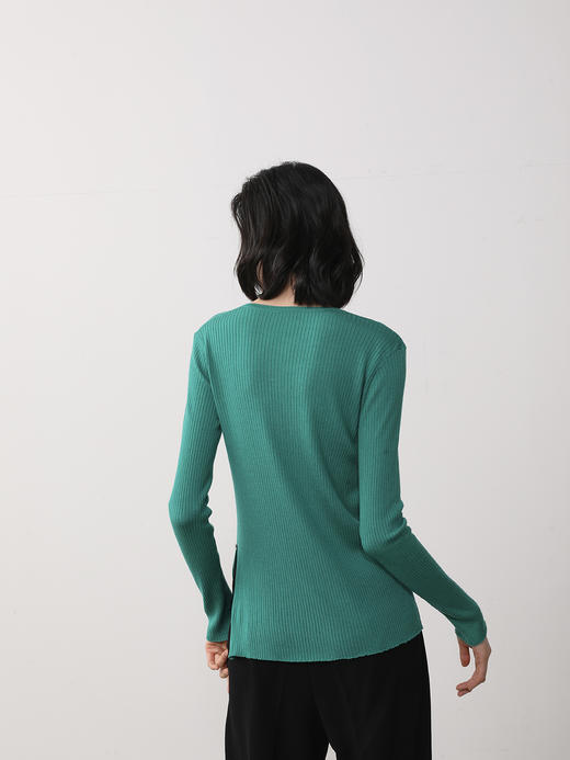 Semplicita | U09 绵羊毛坑条肌理针织开衫  [ 黑 绿] 商品图7