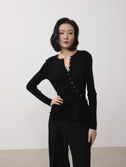 Semplicita | U09 绵羊毛坑条肌理针织开衫  [ 黑 绿] 商品图1