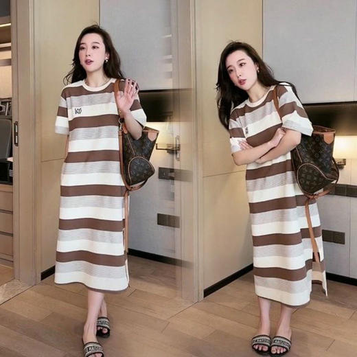 黛唯梵冰丝针织孕妇连衣裙夏装时尚短袖圆领宽松大码条纹网红夏季孕妇装 商品图5