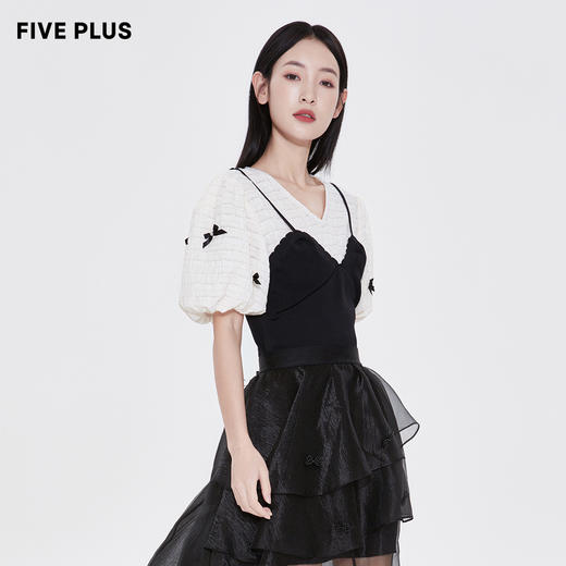 FIVE PLUS2022新款女夏装泡泡袖衬衫女短袖假两件衬衣短款设计2WN2012490 商品图3