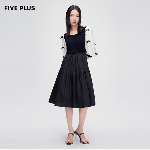FIVE PLUS2022新款女夏装气质蝴蝶结连衣裙女高腰法式中长款裙子2WN2081370 商品图1