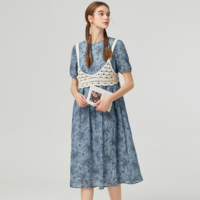 Famecoco范可儿雪纺印花连衣裙夏季新款高腰甜美初恋裙两件套F223FA040