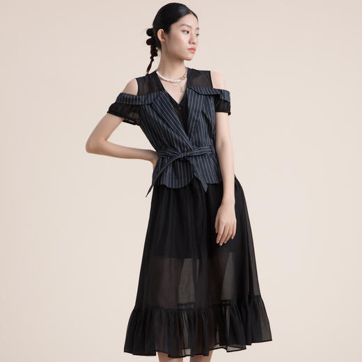 谜底假两件收腰连衣裙2022夏季新款V领小露肩真丝棉长裙222ML0667 商品图3