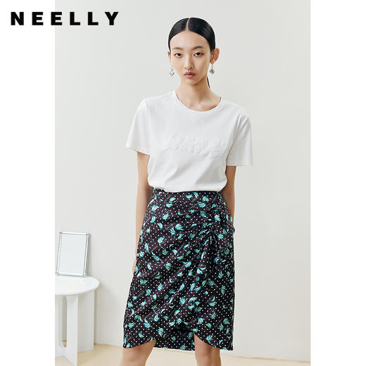 NEELLY纳俪商场同款高腰半身裙女夏季不规则抽皱设计显瘦中长包臀N22041E01024 商品图2