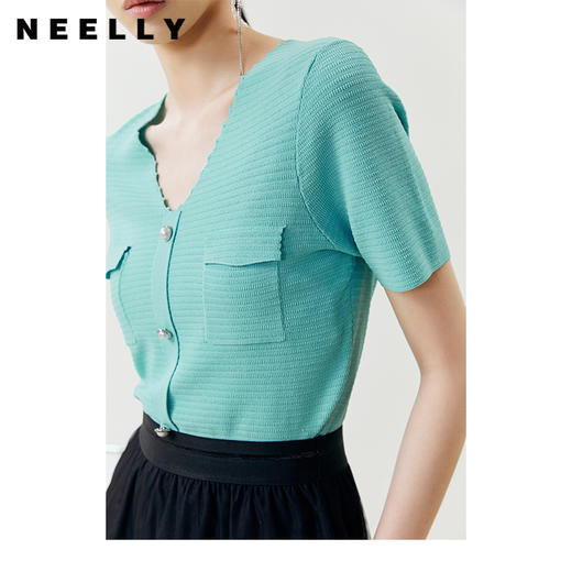 NEELLY纳俪商场同款气质波浪V领针织衫女珍珠扣修身上衣夏季新款N22041A01004 商品图1