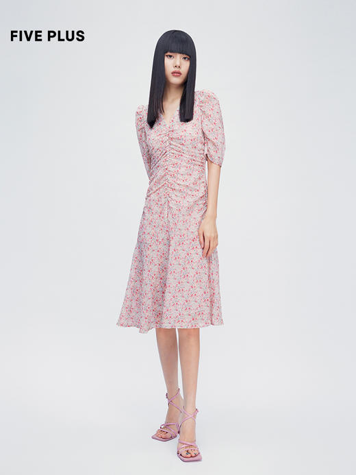 FIVE PLUS2022新款女夏装V领碎花连衣裙泡泡袖修身中长茶歇裙法式2WN2082260 商品图0