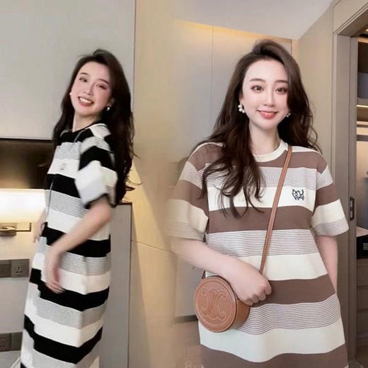 黛唯梵冰丝针织孕妇连衣裙夏装时尚短袖圆领宽松大码条纹网红夏季孕妇装 商品图3