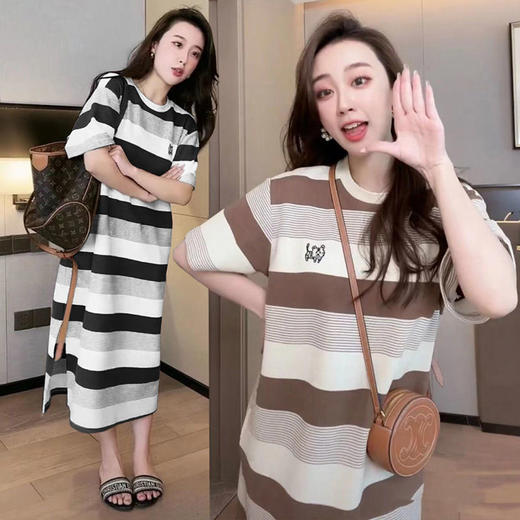 黛唯梵冰丝针织孕妇连衣裙夏装时尚短袖圆领宽松大码条纹网红夏季孕妇装 商品图0