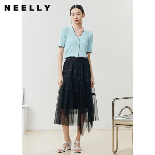 NEELLY纳俪商场同款气质V领波浪短袖针织衫女夏季新品透气单排扣N22042A01033 商品图2