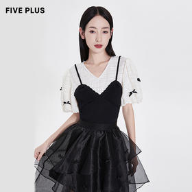 FIVE PLUS2022新款女夏装泡泡袖衬衫女短袖假两件衬衣短款设计2WN2012490