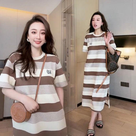 黛唯梵冰丝针织孕妇连衣裙夏装时尚短袖圆领宽松大码条纹网红夏季孕妇装 商品图4
