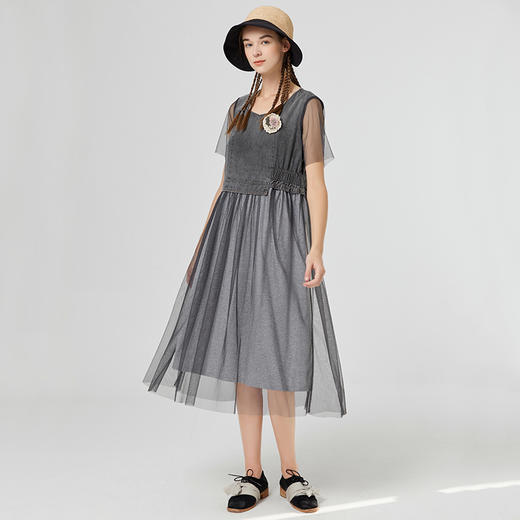 Famecoco范可儿牛仔拼接连衣裙女夏季新款网纱仙女裙收腰显瘦F223FA009 商品图4