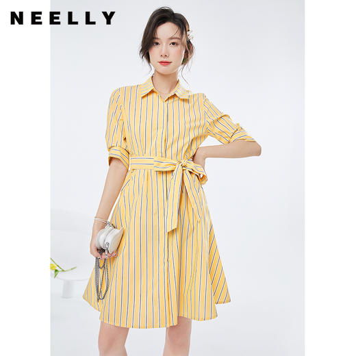 NEELLY纳俪商场同款格纹衬衫式连衣裙女收腰系带A字裙2022夏季N22044Y04420 商品图3