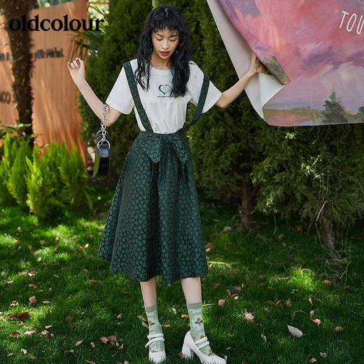 oldcolour2022夏季新品背带裙个性复古绿色提花质感A型背带裙 BO23105031B 商品图4