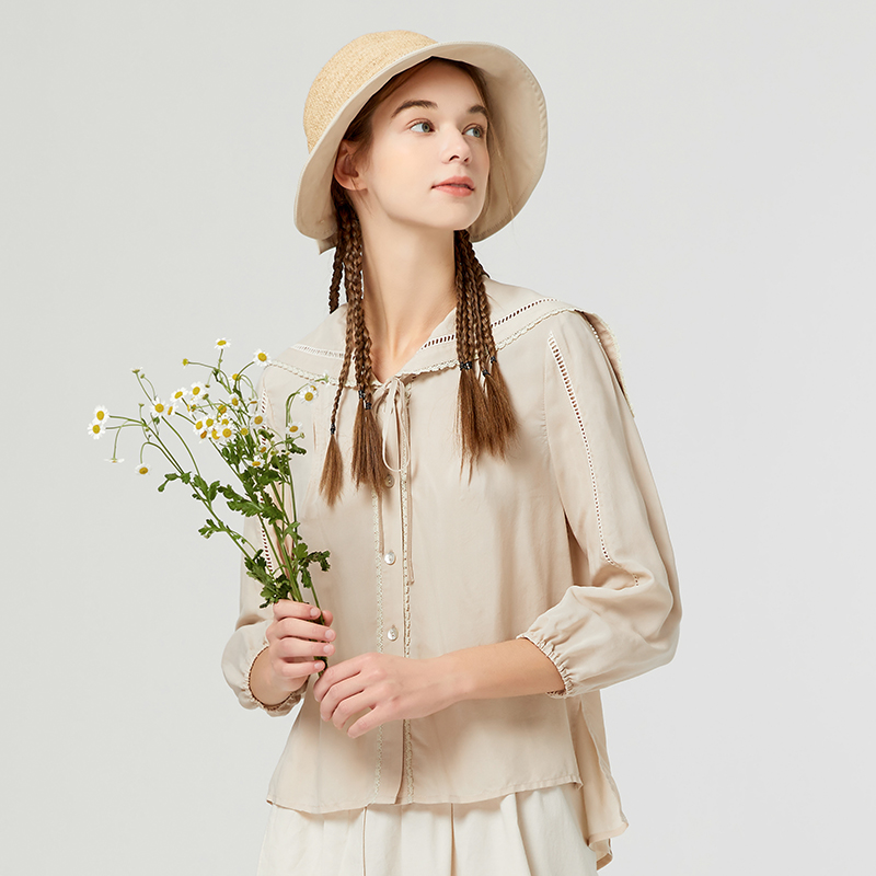 Famecoco范可儿法式复古学院风衬衫减龄夏气质女神范上衣短款F223BA017