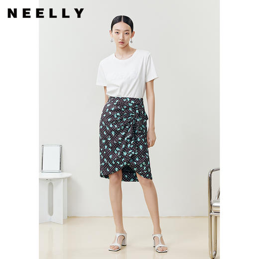 NEELLY纳俪商场同款高腰半身裙女夏季不规则抽皱设计显瘦中长包臀N22041E01024 商品图3