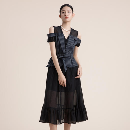 谜底假两件收腰连衣裙2022夏季新款V领小露肩真丝棉长裙222ML0667 商品图0