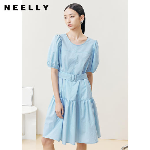 NEELLY纳俪商场同款连衣裙女圆领系带泡泡袖A字裙中长款夏季新款N22042Y01049 商品图2