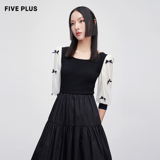 FIVE PLUS2022新款女夏装气质蝴蝶结连衣裙女高腰法式中长款裙子2WN2081370 商品图3