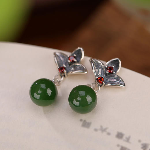 S925纯银，和田碧玉圆珠莲花气质古典风百搭耳饰CW-184 商品图2