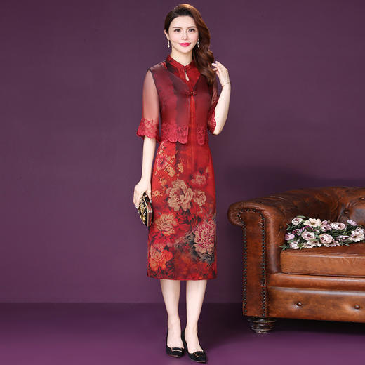 仿香云纱两件套2022春新款修身显瘦红色印花喜庆连衣裙 商品图3