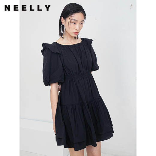 NEELLY纳俪商场同款夏季连衣裙女设计感泡泡袖A字裙收腰小黑裙N22044Y04430 商品图1