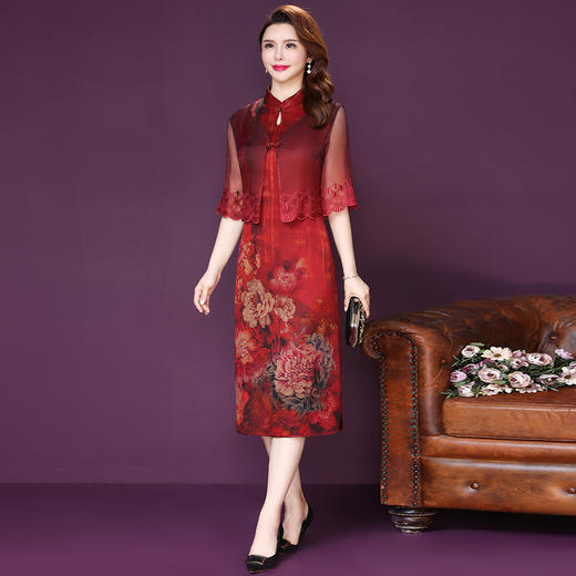 仿香云纱两件套2022春新款修身显瘦红色印花喜庆连衣裙 商品图2