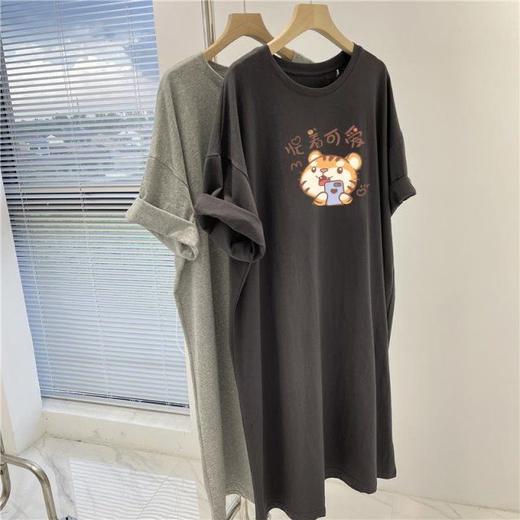 黛唯梵短袖t恤裙女夏季宽松大码中长款过膝开叉长裙懒人连衣裙纯棉裙子 商品图9