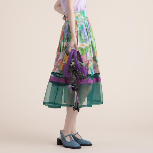 谜底苎麻花色半身裙2022夏季复古优雅拼接欧根纱百褶裙222MB0690 商品图1