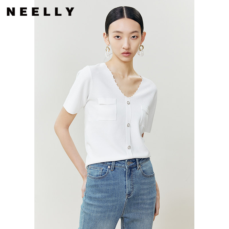 NEELLY纳俪商场同款气质波浪V领针织衫女珍珠扣修身上衣夏季新款N22041A01004