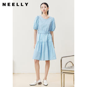 NEELLY纳俪商场同款连衣裙女圆领系带泡泡袖A字裙中长款夏季新款N22042Y01049