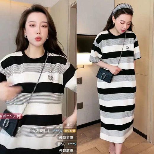 黛唯梵冰丝针织孕妇连衣裙夏装时尚短袖圆领宽松大码条纹网红夏季孕妇装 商品图1