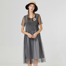 Famecoco范可儿牛仔拼接连衣裙女夏季新款网纱仙女裙收腰显瘦F223FA009