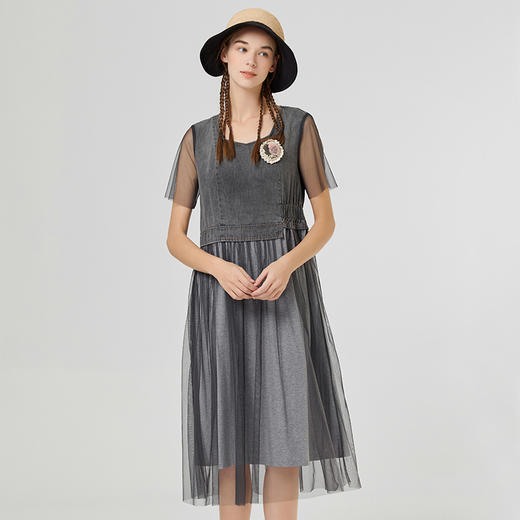 Famecoco范可儿牛仔拼接连衣裙女夏季新款网纱仙女裙收腰显瘦F223FA009 商品图0