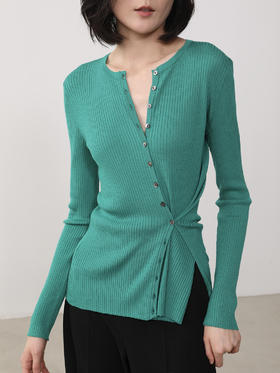 Semplicita | U09 绵羊毛坑条肌理针织开衫  [ 黑 绿]