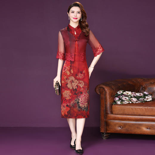 仿香云纱两件套2022春新款修身显瘦红色印花喜庆连衣裙 商品图1