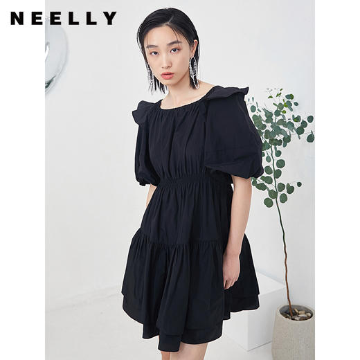 NEELLY纳俪商场同款夏季连衣裙女设计感泡泡袖A字裙收腰小黑裙N22044Y04430 商品图0